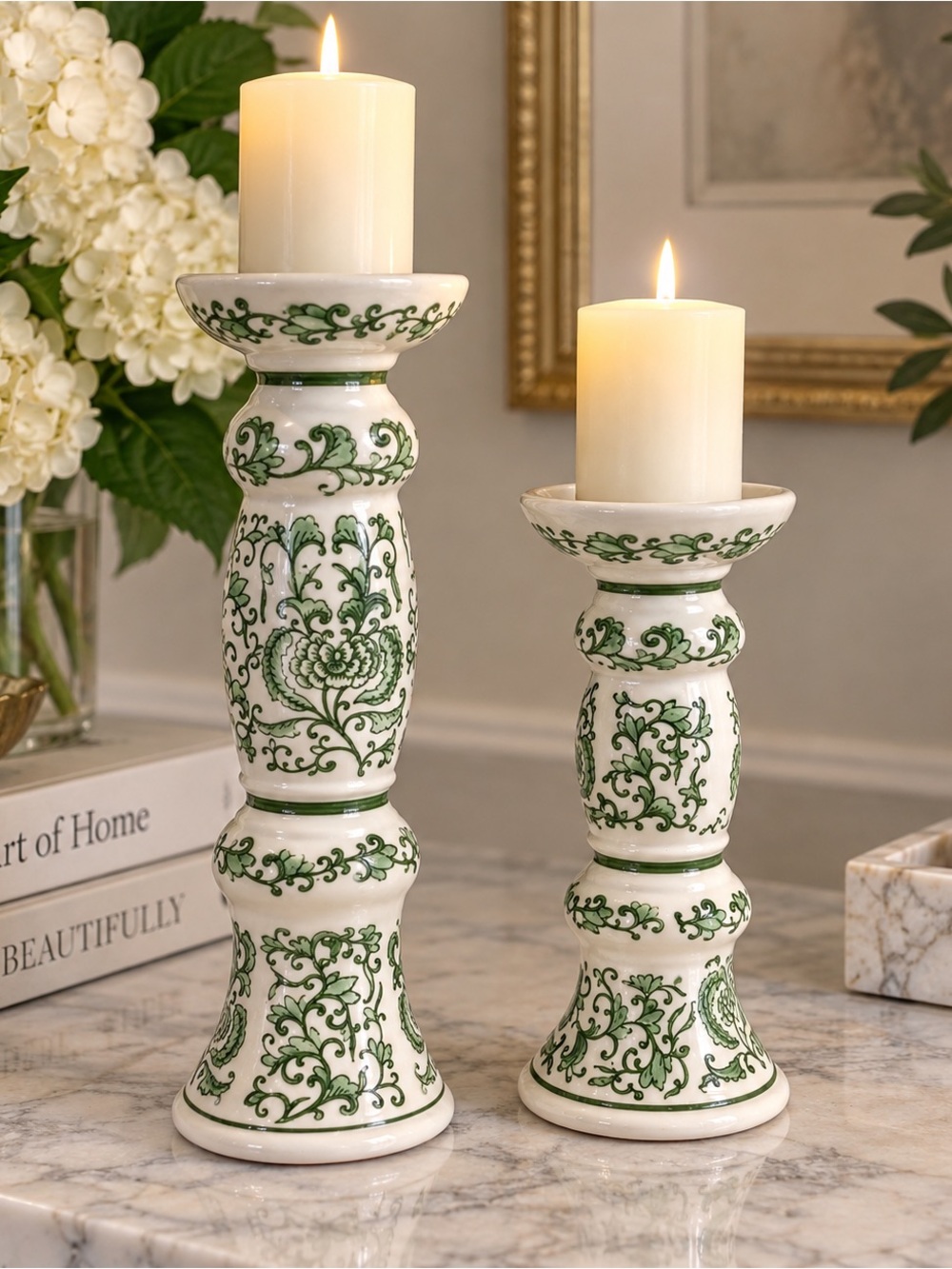 Ivory and Green Mikasa Ceramic Candle Holders - Decorative Home Accent 12” and 9